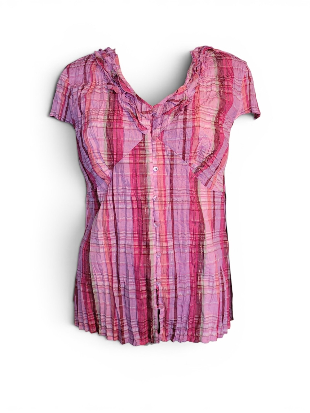 Vintage Babydoll Top Pink Plaid Ruffle Crinkle Blouse Y2K Coquette Medium